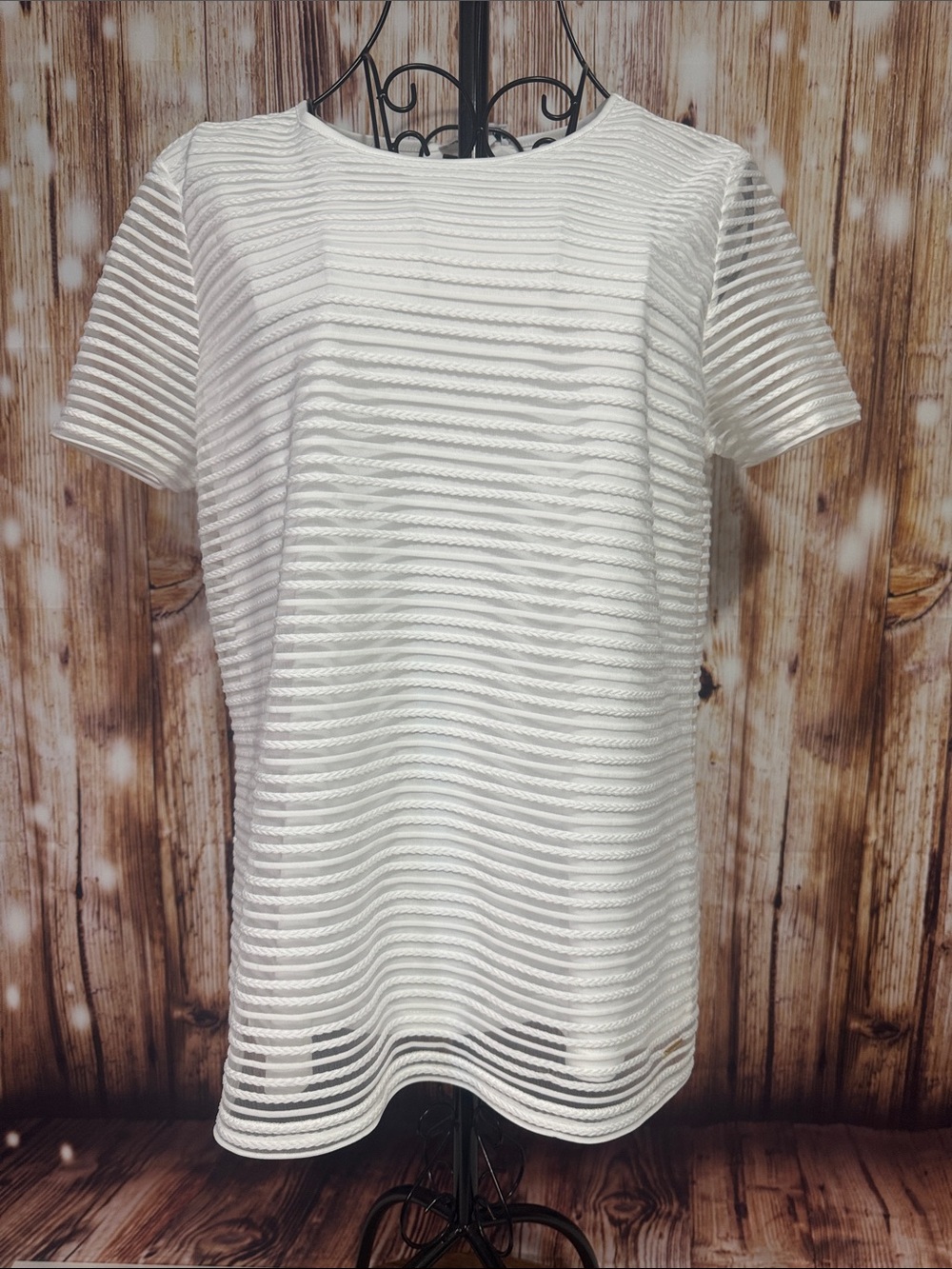 Calvin Klein White Sheer Horizontal-Stripe Short Sleeve Top